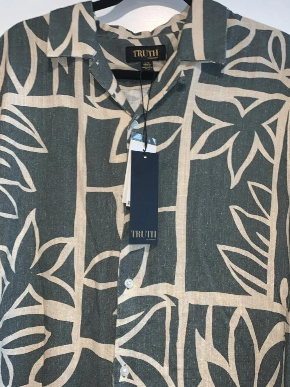 Truth By Republic Men's Large Short Sleeve Floral Beach Camp Shirt Olive Green B